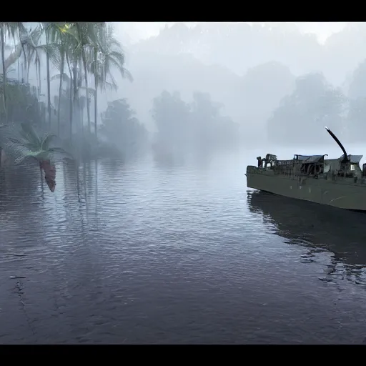 Image similar to jungle river army patrol boat tail of a crashed plane in the water, moody ambience, fog, smoke, dramatic, 4 k, trending on artstation