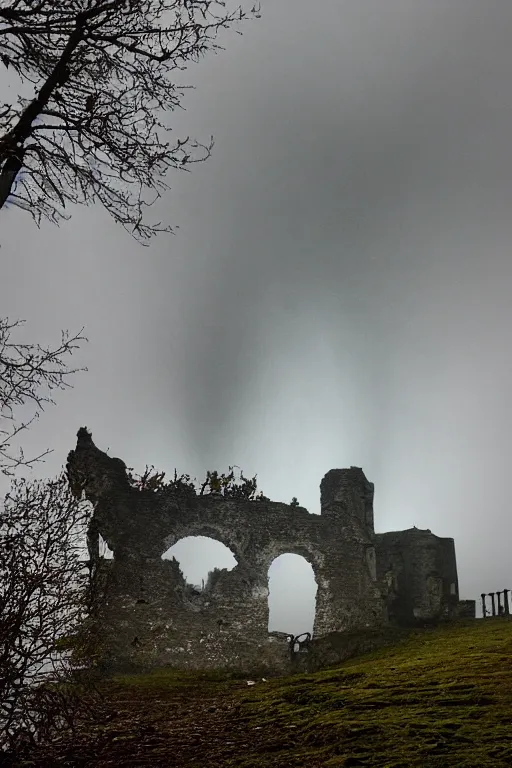 Image similar to brocken spectre, ghost of the lake, ruined castle