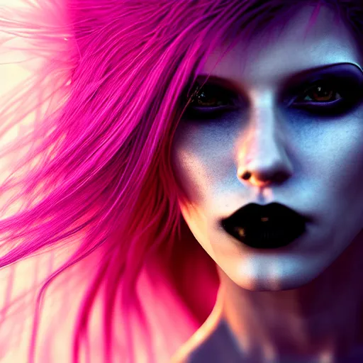 Image similar to photographic portrait of a stunningly beautiful gothic punk cyberpunk pink hair female in soft dreamy light at sunset, god rays, contemporary fashion shoot, by edward robert hughes, annie leibovitz and steve mccurry, david lazar, jimmy nelsson, breathtaking, 8 k resolution, extremely detailed, beautiful, establishing shot, artistic, hyperrealistic, beautiful face, octane render