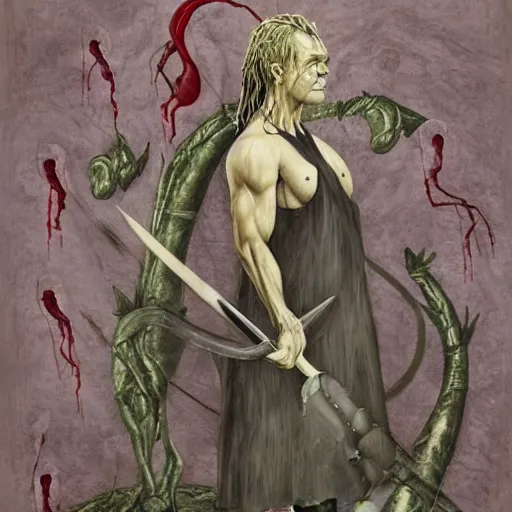 Prompt: emotive by mab graves. a mixed mediart of hercules after he has completed one of his twelve labors, the killing of the hydra. he is standing over the dead hydra, covered in blood clutching a sword that slew the beast. his face is expressionless.