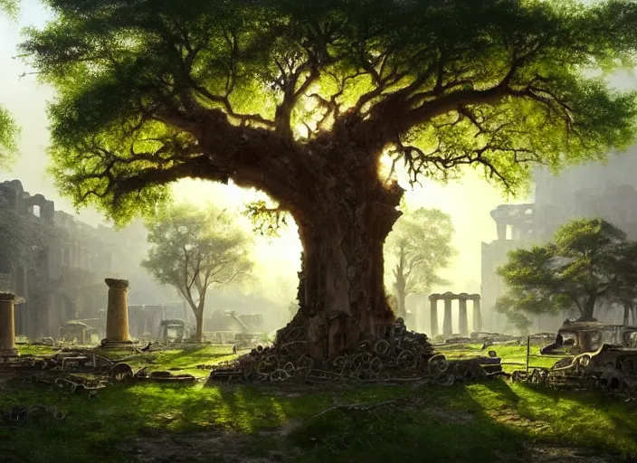 Prompt: oak tree growing in the ruins of an ancient city, scrap cars, ancient greek ruins, rubble, gray dull background, vibrant colorful green leaves, hyperrealistic, highly detailed, cinematic, single ray of golden sunlight, beautiful, cgssociety, artstation, oil painting by greg rutkowski, by artgerm, by wlop