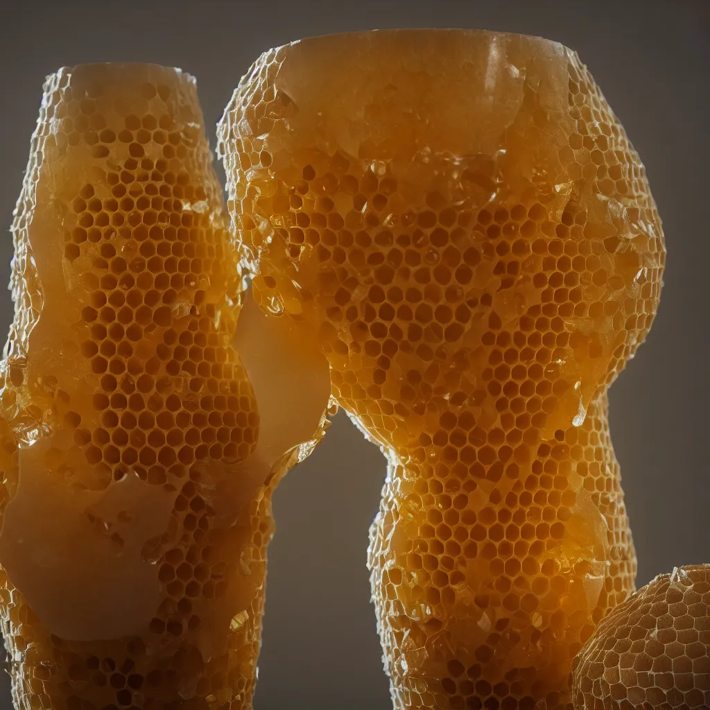 Image similar to real honeycomb vase with honey traditional shape design by tomas gabzdil libertiny, product design, film still from the movie directed by denis villeneuve with art direction by zdzisław beksinski, telephoto lens, shallow depth of field