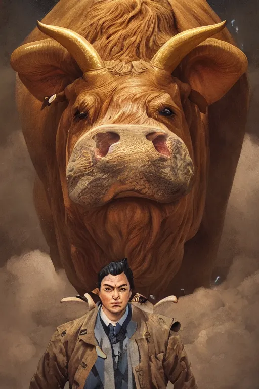 Image similar to a portrait of bull illustrated by miyazaki by karol bak, james jean, tom bagshaw, rococo, sharp focus, trending on artstation, cinematic lighting, hyper realism, octane render, 8 k, hyper detailed, vivid, ultra detailed, highly detailed