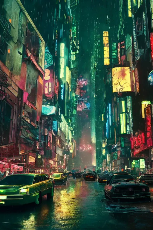 Image similar to cinematic photo of ancient overgrown cyberpunk new york city with cars and people, holograms, night, rain, flowers, beautifully lit, hyperdetailed, unreal engine, photorealistic, denis villeneuve film look, blade runner set