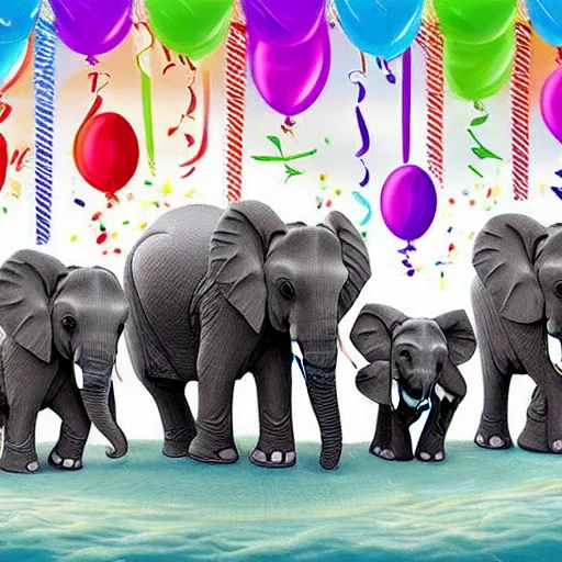 Image similar to three elephants having a cool birthday party, photo, highly detailed