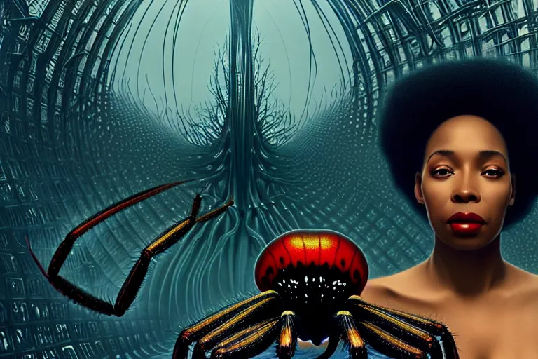 Image similar to realistic detailed photorealistic portrait movie shot of a beautiful black woman with a giant spider, sci fi city landscape background by denis villeneuve, amano, yves tanguy, alphonse mucha, ernst haeckel, david lynch, edward robert hughes, roger dean, cyber necklace, rich moody colours, wide angle