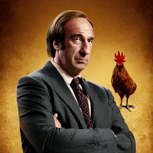 Image similar to saul goodman and a rooster in a saw movie torture chamber, scary torture devices in the background, saul goodman, rooster, photo