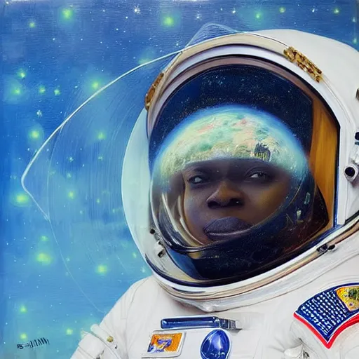 Image similar to “nigerian female astronaut on board international space station wearing space suit and translucent helmet, highly detailed, realistic, portrait, photorealistic, proportional, beauty, fish eye lens, nasa, spacex, in the style of Edward hooper oil painting sun rising”