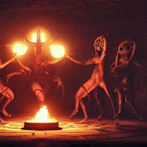 Prompt: 8 k hd detailed octane render of cultists performing an occult ritual