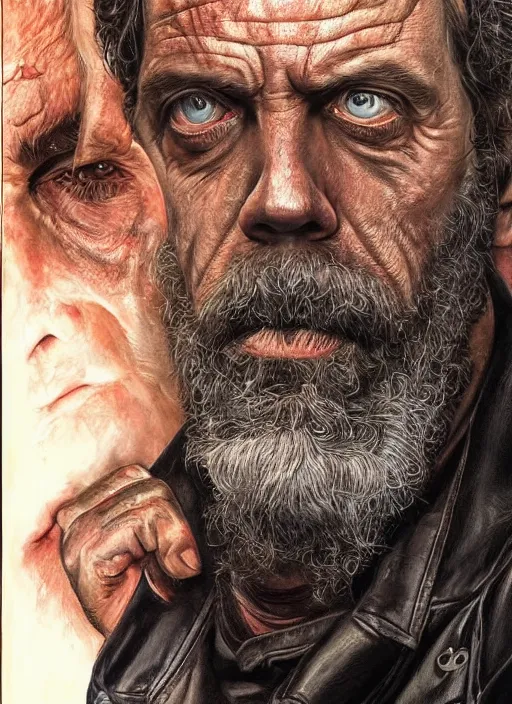 Image similar to portrait of hugh laurie, gritty, dark, wearing a leather jacket, very detailed eyes, hyperrealistic, very detailed painting by Glenn Fabry, by Joao Ruas, by Artgerm
