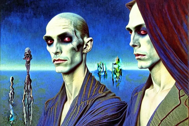 Image similar to realistic extremely detailed portrait painting of an elegantly creepy vampire man in cape, futuristic sci-fi landscape on background by Jean Delville, Amano, Yves Tanguy, Alphonse Mucha, Ernst Haeckel, Edward Robert Hughes, Roger Dean, rich moody colours, blue eyes