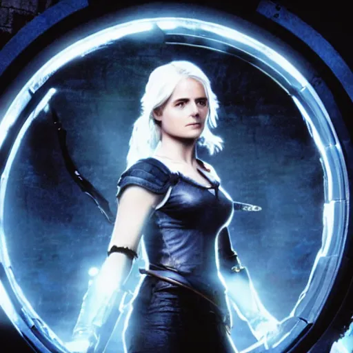 Prompt: still of Ciri in front of the stargate in SG1, activated stargate, chappa'ai, blue stargate, portal