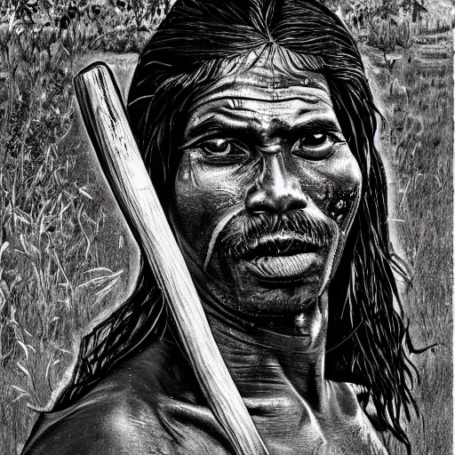 Prompt: portrait of head and body, single bangla farmer fighting on hoseback, hand to hand combat with machete, wielding machete, lungi, full body view, long flowing hair, fighting for his life, nebula aura surrounding subject, nestor canavarro art style, hyperrealist art style, sharp outlines