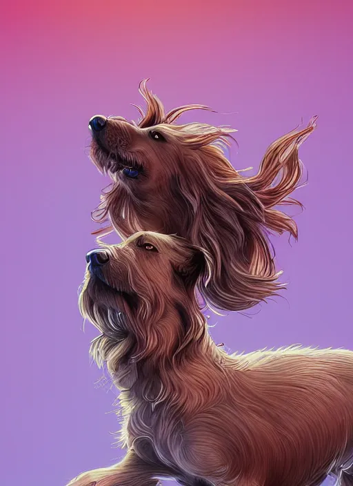 Image similar to beautiful illustration of a dog, gorgeous, amazing, flowing hair, muscular, very muscular male body, in the style abigail larsonand and sam guay, rim light, beautiful lighting, 8 k, stunning scene, octane, trending on artstation