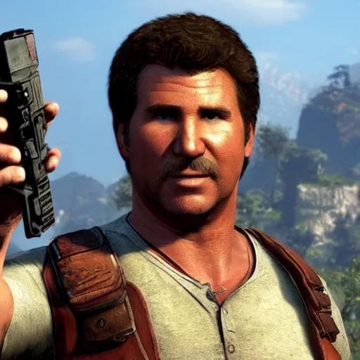 Image similar to will ferrell stars as nathan drake in the playstation 4 video game uncharted, detailed beautiful screenshot