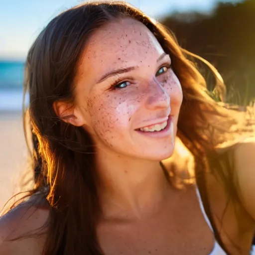 Image similar to A cute young woman, long shiny bronze brown hair, green eyes, cute freckles, smug smile, golden hour, beach setting medium shot, mid-shot,