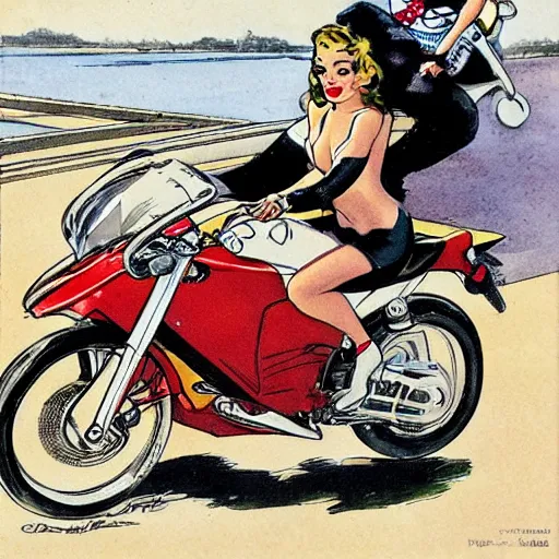 Image similar to a pin up riding a touring motorcycle at high speed, front view, by milo manara