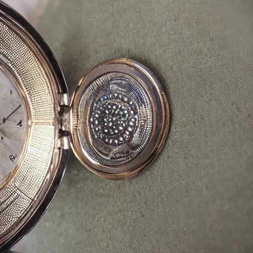 Image similar to close up photo of a sapphire pocket watch, high detail, complex