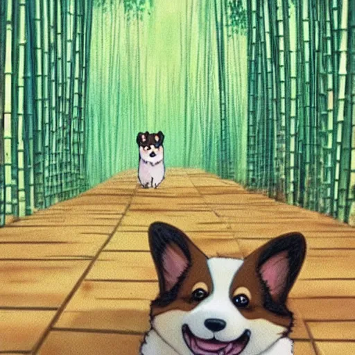 Prompt: a cute and happy corgi in a bamboo forest, scene from the movie spirited away, hayao miyazaki, anime, detailed, beautiful, smooth