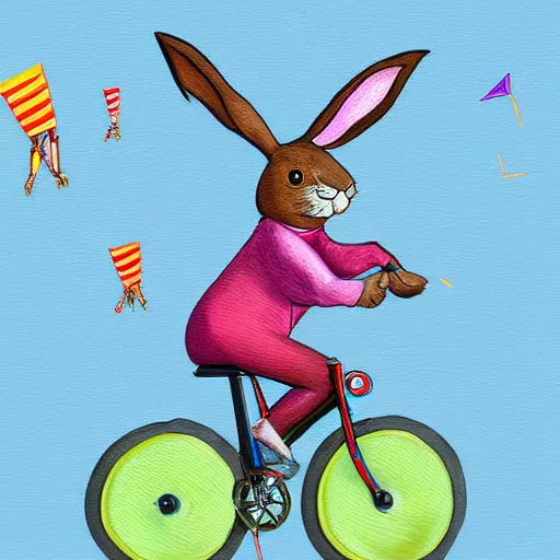 Image similar to a humanoid rabbit riding a bicycle while flying a kite, digital painting