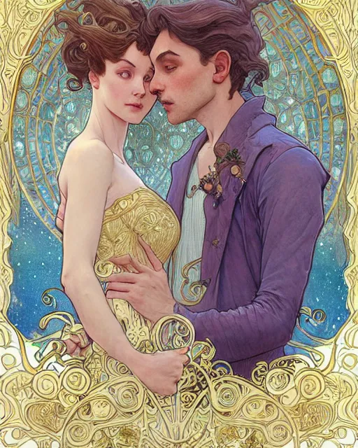 Image similar to a couple, highly detailed, very intricate, art nouveau, gold filigree, romantic storybook fantasy, soft cinematic lighting, award - winning, disney concept art watercolor illustration by mandy jurgens and alphonse mucha and alena aenami, pastel color palette, featured on artstation