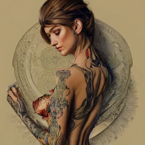 Prompt: ultra realistic illustration, a hot and beautiful tattooed blonde slavic woman in her 3 0's, intricate, elegant, highly detailed, digital painting, artstation, concept art, smooth, sharp focus, illustration, art by artgerm and greg rutkowski and alphonse mucha