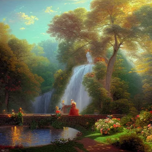 Prompt: photorealistic painting by jean - honore fragonard in the style of thomas kinkade and tim white. hyperdetailed photorealism, 1 0 8 megapixels, volumetric lighting