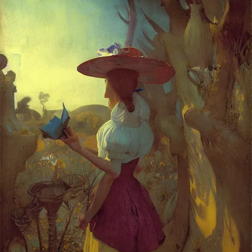 Image similar to alice in wonderland illustrated by johannes vermeer, greg rutkowski, gaston bussiere, van gogh, davinci, and zdzisław beksinski, award - winning, cgsociety contest winner