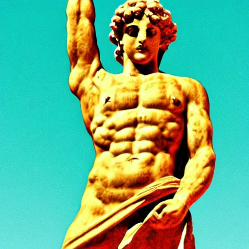 Prompt: greek statue dabbing, 9 0 s style psychadelic background, grainy artifacts