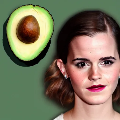 Image similar to an avocado with the head of emma watson