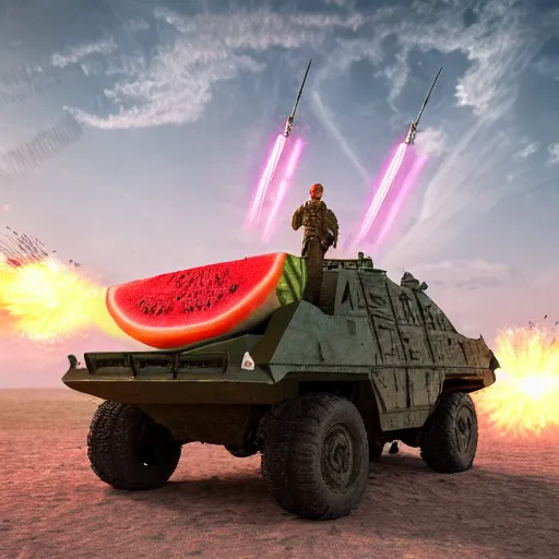 Prompt: Watermelon as military vehicle with epic weapons, launching rockets on a battlefield, russian city as background. Concept digital 3D art in style of Caspar David Friedrich, super rendered in Octane Render, More Military vehicle less watermelon, epic RTX dimensional dramatic light