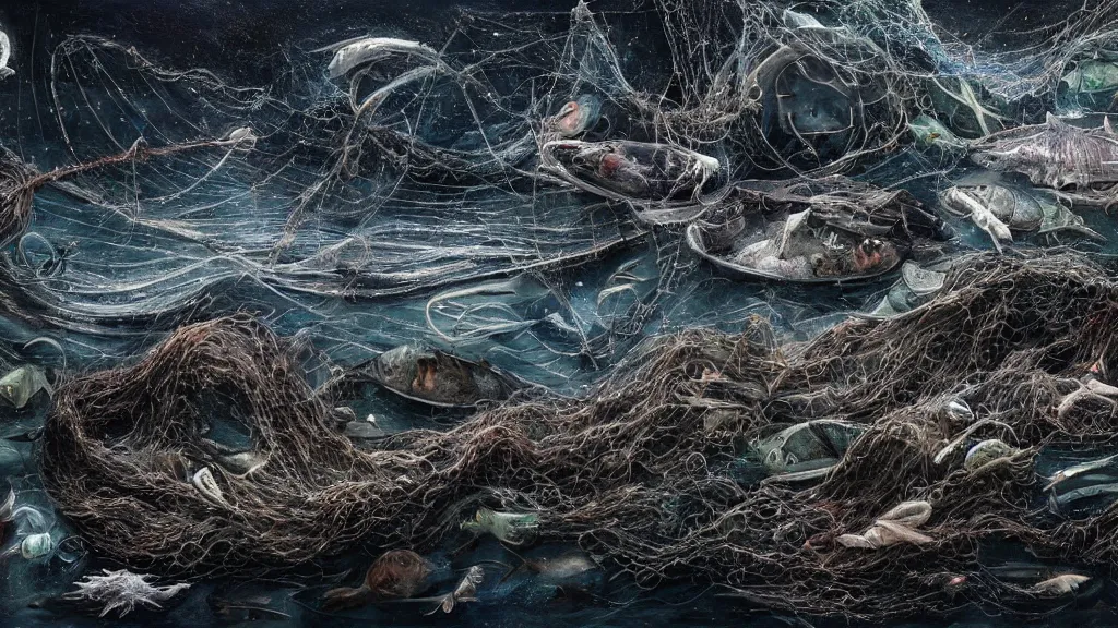 Prompt: Thousands of dead fish in space, fish hooks, seaweed, highly detailed, yuumei, Adam duff lucidpixul, natural lighting, dark atmosphere, digital painting, creepy and dark feelings, metal fishing hooks and nets everywhere, in the background there is an image of the earth dying