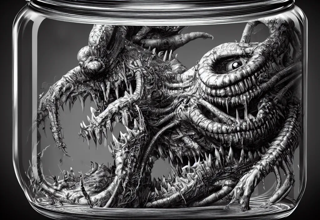 Image similar to Photorealistic miniature monster inside a jar on clean background by H.R. Giger, KDA and Sam Yang, trending on artstation