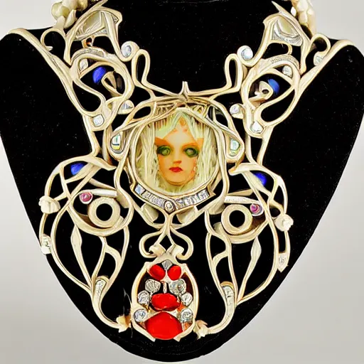 Image similar to beautiful artnouveau style necklace made of the face of a demoness and vampiress showing love with gem flowers in the style of René lalique