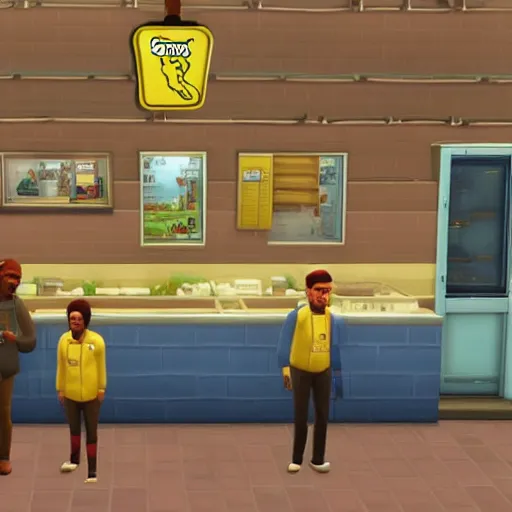 Image similar to Los Pollos Hermanos restaurant from Breaking Bad faithfully recreated in The Sims 4