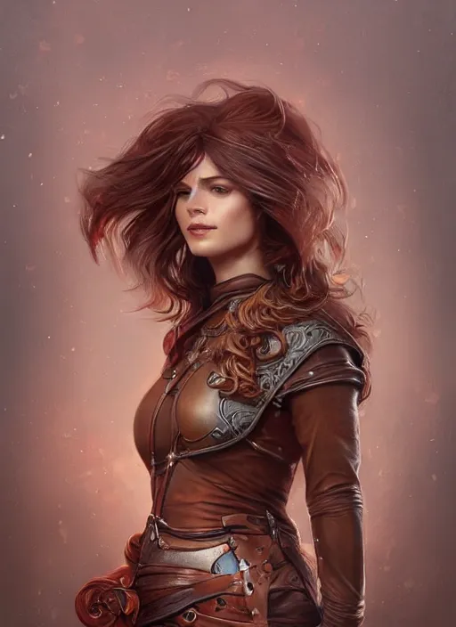 Image similar to portrait of a ruggedly handsome female cleric, soft hair, half body, leather, witchy, d & d, fantasy, intricate, elegant, highly detailed, digital painting, artstation, concept art, smooth, sharp focus, illustration, art by artgerm and greg rutkowski and alphonse mucha, plain red background