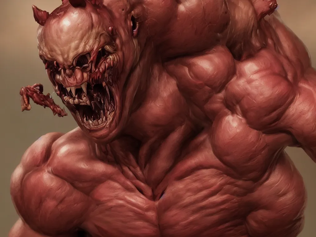 Image similar to doom, muscular body, chiroptera head, chiroptera ears, big sharp teeth, hyperrealism, artstation, cgsociety, zbrush, no background