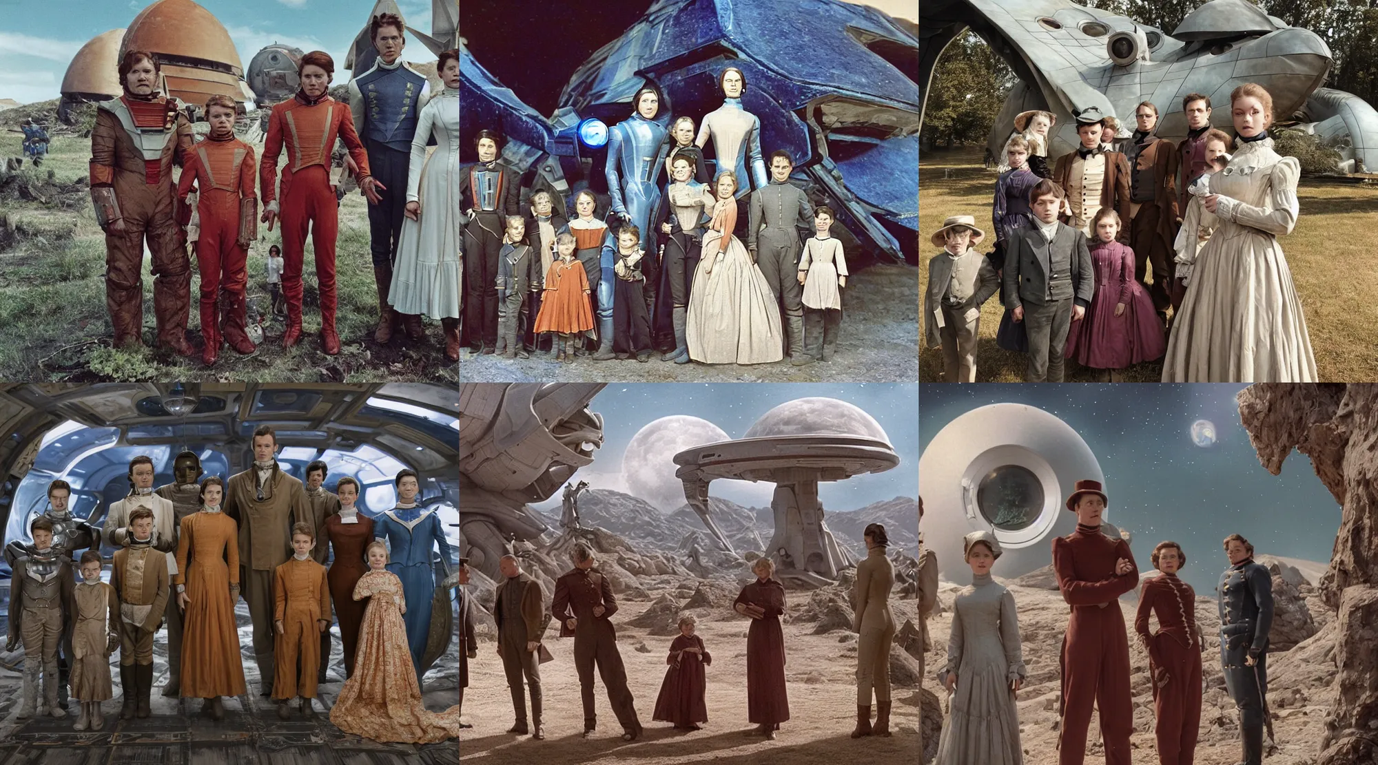 Prompt: sharp, detailed, 256k film still from a sci fi blockbuster color movie made in 2020, set in 1860, of a family standing in front of a spaceship that has just landed on an alien planet, a humanoid alien creature stands nearby, the family are all wearing 1850s era clothes, cinematic lighting, good photography, sharp focus