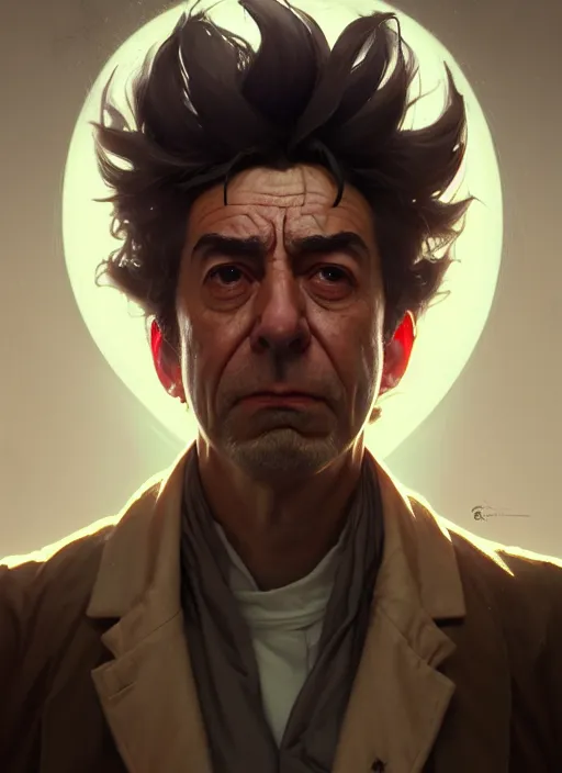 Image similar to concept art by artgerm, amazingly dense distance portrait of a hyper realistic, frowning, sad rick sanchez by greg rutkowski, artgerm, alphonse mucha, concept art, octane render, highly detailed, high quality, 8 k, soft lighting, path traced, and uang guangjian and gil elvgren, symmetry!!