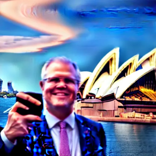 Image similar to Prime Minister Scott Morrison selfie by the Sydney Opera House, cinematic, hyper realism, high detail, vivid colors, octane render, unreal engine, 8k