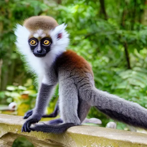 Image similar to monkey - cat - dog - fox hybrid in lemur pose, fluffy white fur, very long tail