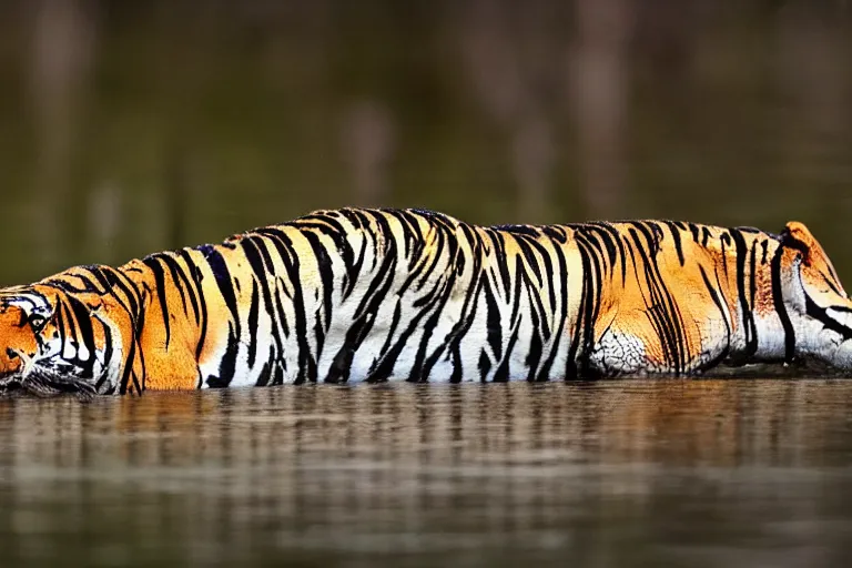 Image similar to an alligator tiger!!! hybrid! hyper realistic!! realistic lighting!! wildlife photographer of the year!!! bold natural colors, national geographic, hd, wide angle, 8 k