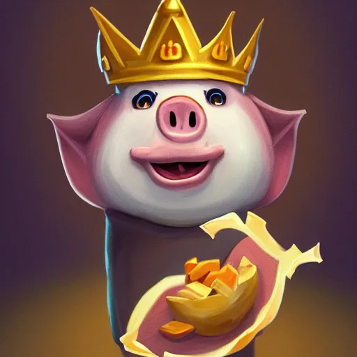 Prompt: a cartoonish cute anthropomorphic pig wearing a crown is eating from a potato chip snack bag in a beautiful home, magical atmosphere, trending on artstation, 30mm, by Noah Bradley trending on ArtStation, deviantart, high detail, stylized portrait