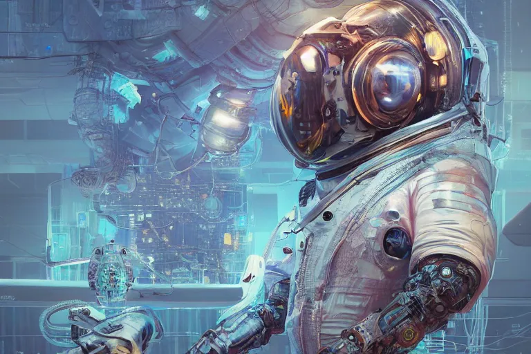 Image similar to hyperrealistic portrait of a squid monster astronaut, full body portrait, well lit, intricate abstract. cyberpunk, intricate artwork, by Tooth Wu, wlop, beeple. octane render,in the style of Jin Kagetsu, James Jean and wlop, highly detailed, sharp focus, intricate concept art, digital painting, ambient lighting, 4k, artstation