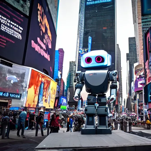 Prompt: dystopian robot in times square street photography