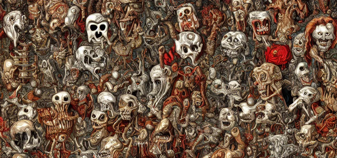 Prompt: frightening party of ghasts and gouls abomination, retro, anatomical, highly detailed, 4k, 8k, intricate and highly detailed digital art