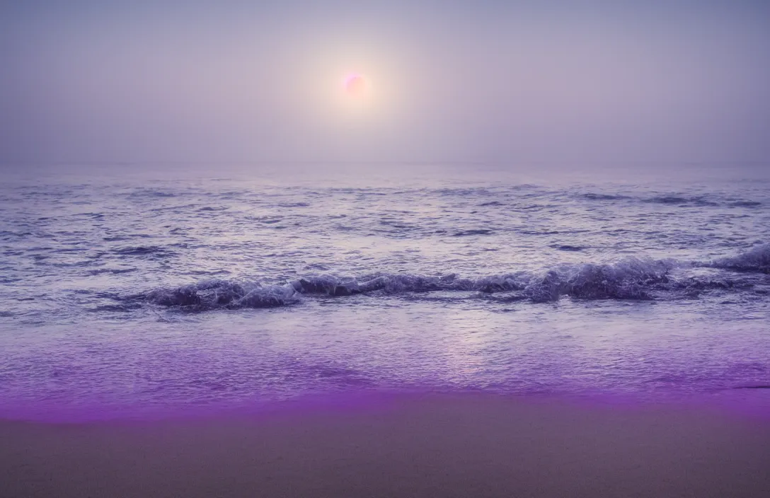 Image similar to beach with purple water, glowing moon, sigma lens, strong bokeh, photography, highly detailed, 8 5 mm, f / 1. 3, foggy, dramatic lighting, 4 k