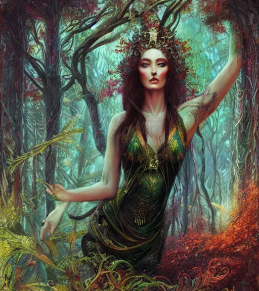 Image similar to ancient goddess, lush forest, digital art by karol bak