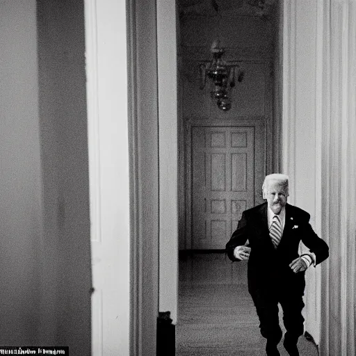 Prompt: detailed Joe Biden running away through the halls of the White House, zombies following him in the background