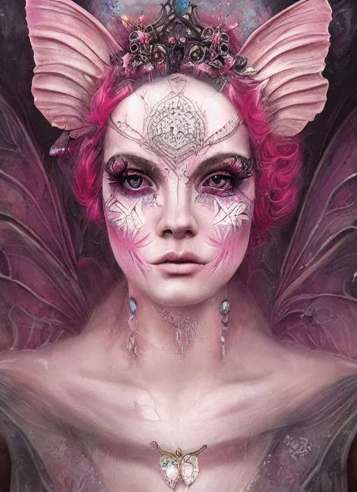 Image similar to portrait of pink fairy, symmetric, facepaint facepaint facepaint, intricate jewelry, trending on artstation 4 k, high quality, in the style of karol bak and tom bagshaw, tattoos